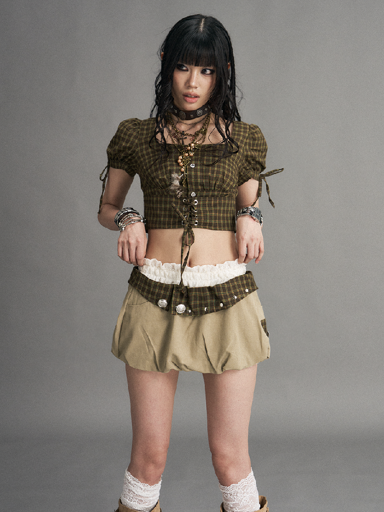 Vintage Lace Plaid Bud Skirt Pants【s0000017529】