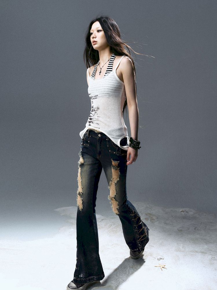 No-wash slim-fit ripped low-rise jeans【s0000012805】