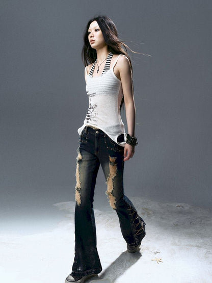 No-wash slim-fit ripped low-rise jeans【s0000012805】