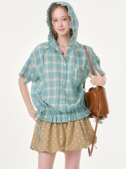 Ruffle Hem Hooded Plaid Shirt【s0000016619】