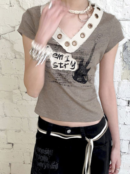 V-Neck Guitar Print Short Sleeve T-Shirt【s0000012424】