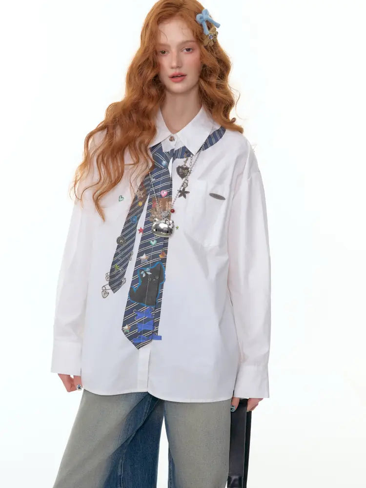 Loose tie print white long sleeve shirt【s0000014350】