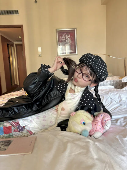 Lace-Trimmed Oversized Leather Jacket【s0000014167】