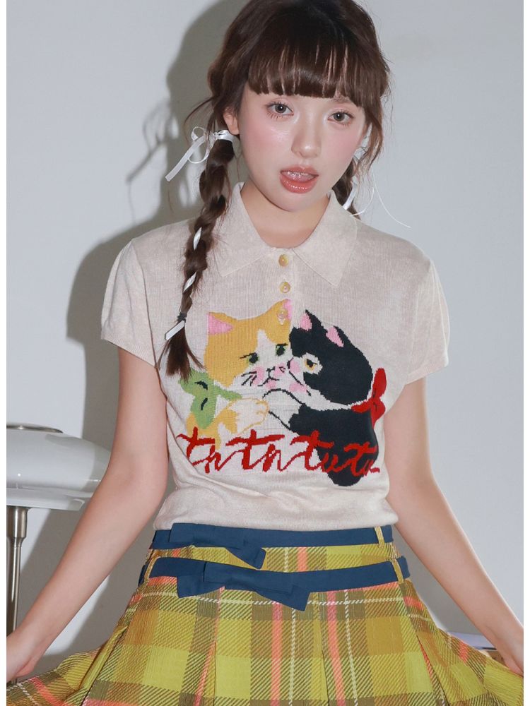 Two-Tone Kitten Knit Short-Sleeve Polo Shirt【s0000013925】