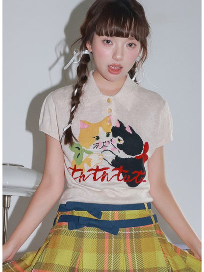 Two-Tone Kitten Knit Short-Sleeve Polo Shirt【s0000013925】