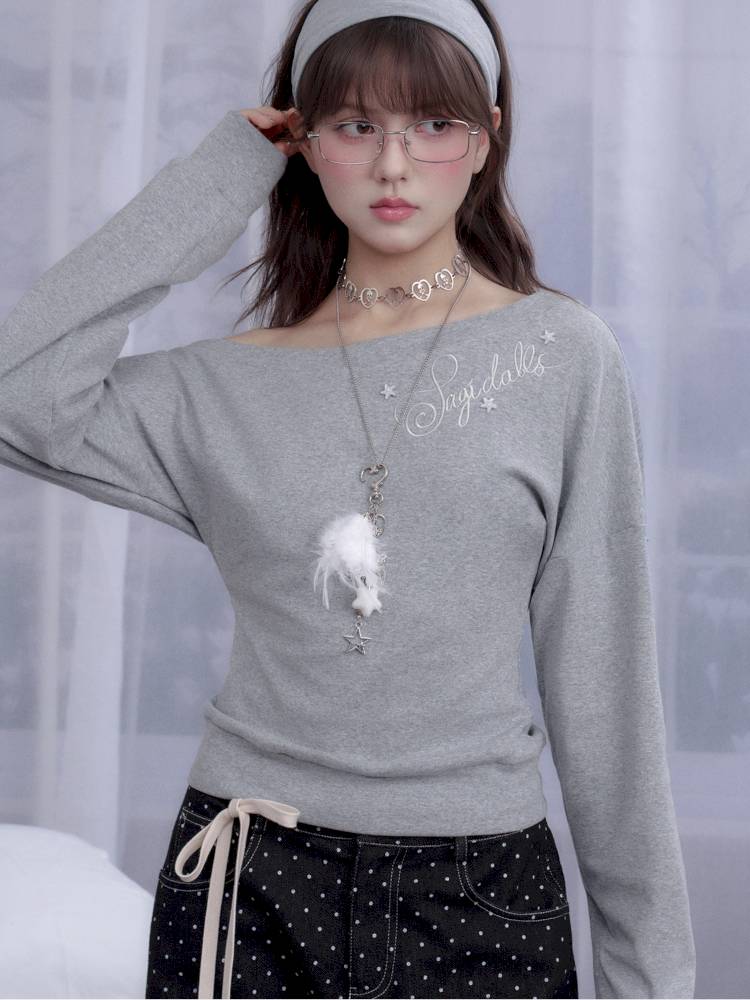 Gray slanted shoulder T-shirt【s0000014371】