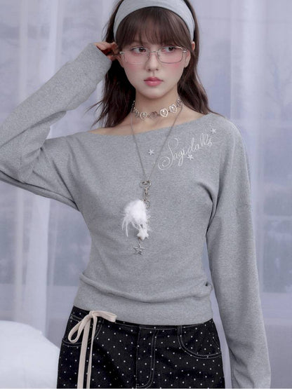 Gray slanted shoulder T-shirt【s0000014371】