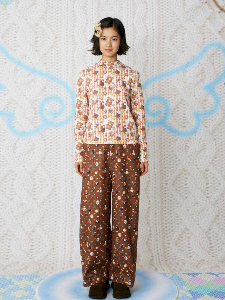 Candy Print Brown Corduroy Straight Pants【s0000014852】