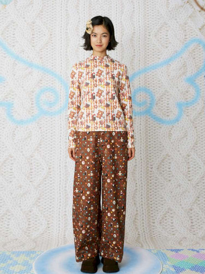 Candy Print Brown Corduroy Straight Pants【s0000014852】
