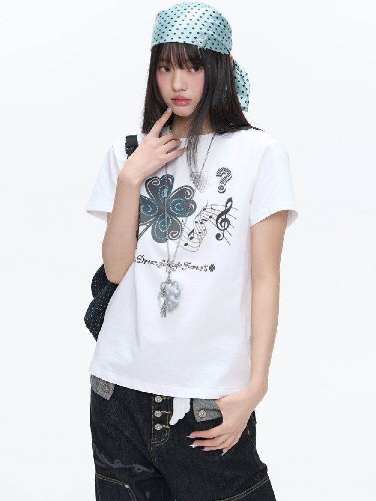 White Melody Shoulder Sleeve T-Shirt【s0000016381】