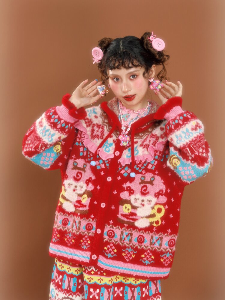 Red Fair Island Mink Knit Cardigan【s0000015591】