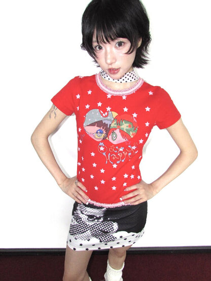 Lace Cotton Mini Print Short Top【s0000018656】