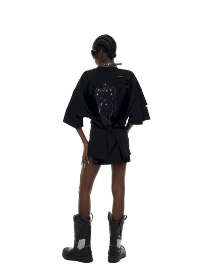 Cat Print Distressed T-Shirt with Drawstring Waist【s0000014018】