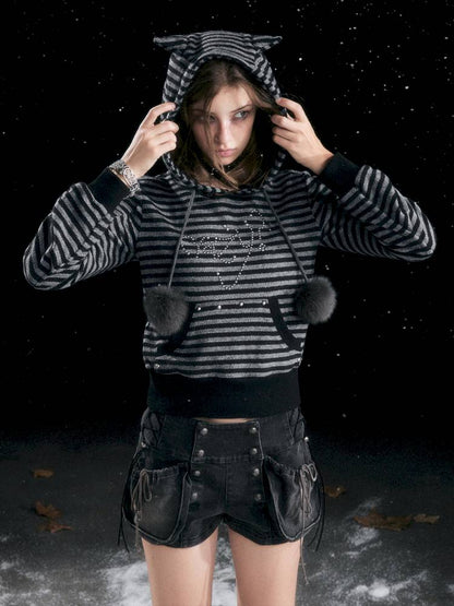 Striped Cat-Ear Hoodie【s0000014425】