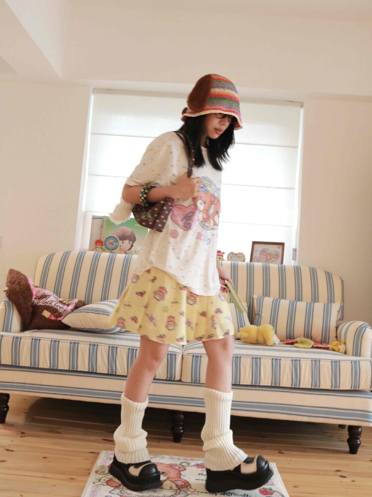 Bear Strawberry Print Pleated Skirt【s0000017515】