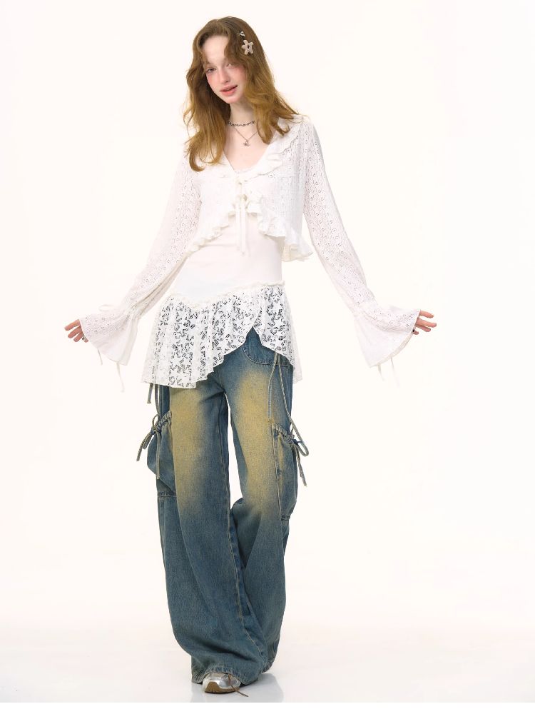 Lace Hollow Tie Knit Cardigan【s0000012228】