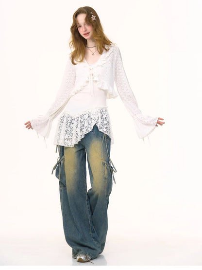 Lace Hollow Tie Knit Cardigan【s0000012228】