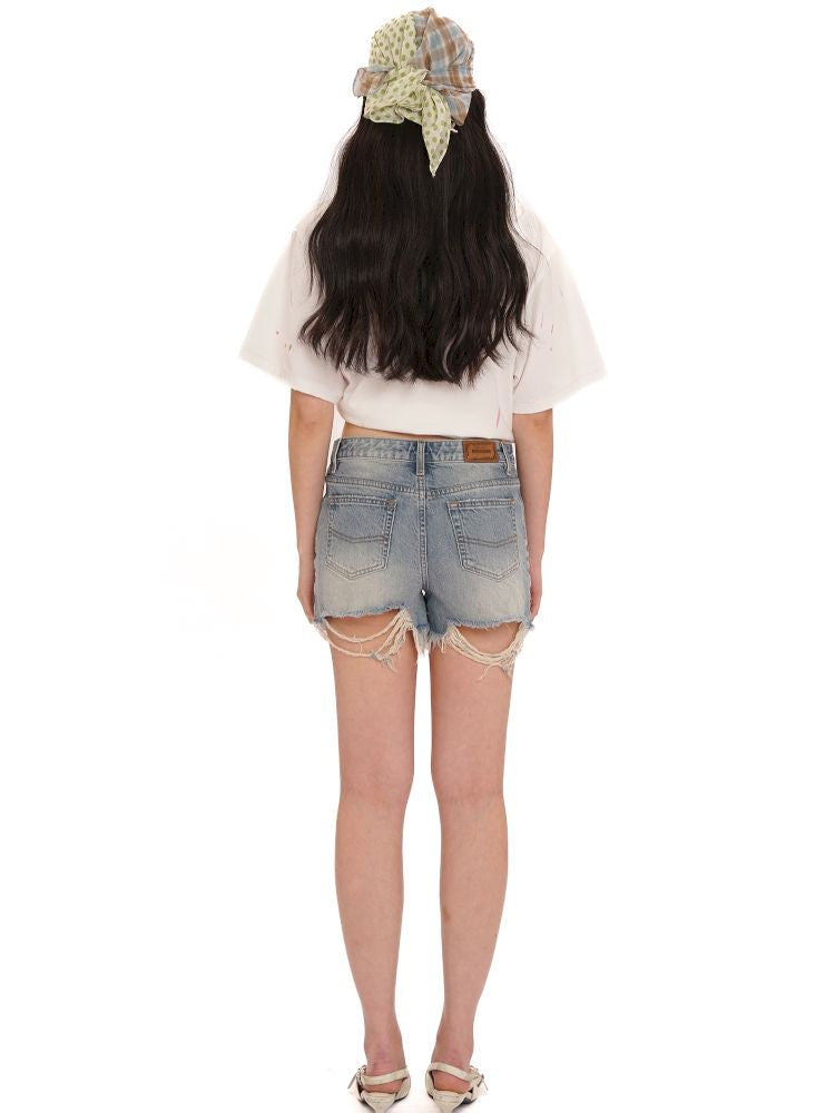 Leather label denim super short pants【s0000013435】