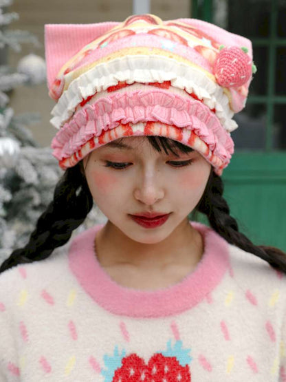 Strawberry Print Cat Ear Hat【s0000015105】