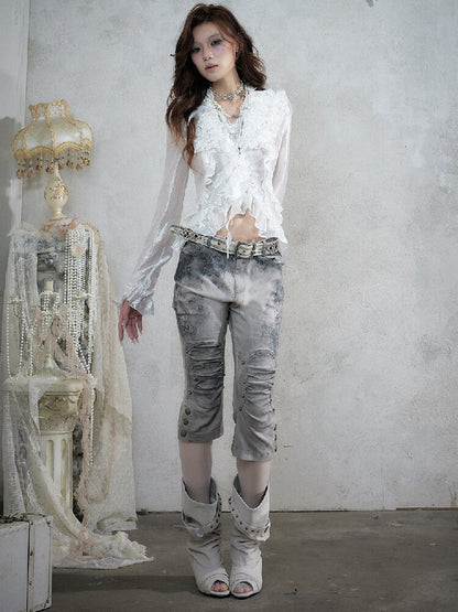 Distressed Lace Print Cropped Pants【s0000017860】