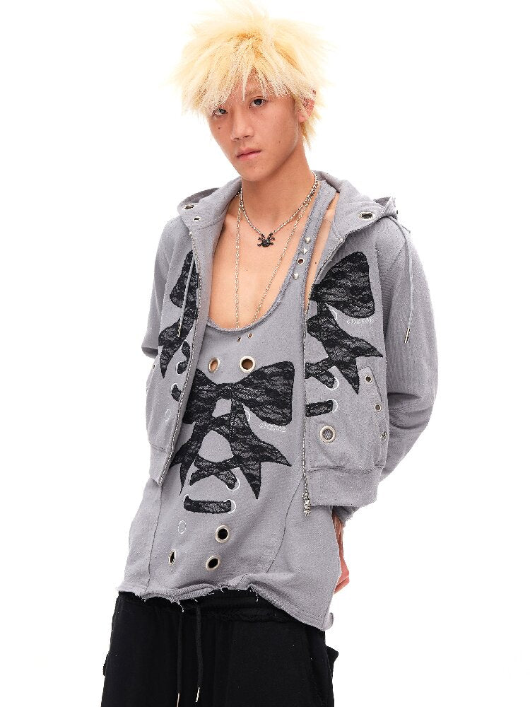 Lace Bow Rivet Distressed Jacket【s0000016495】