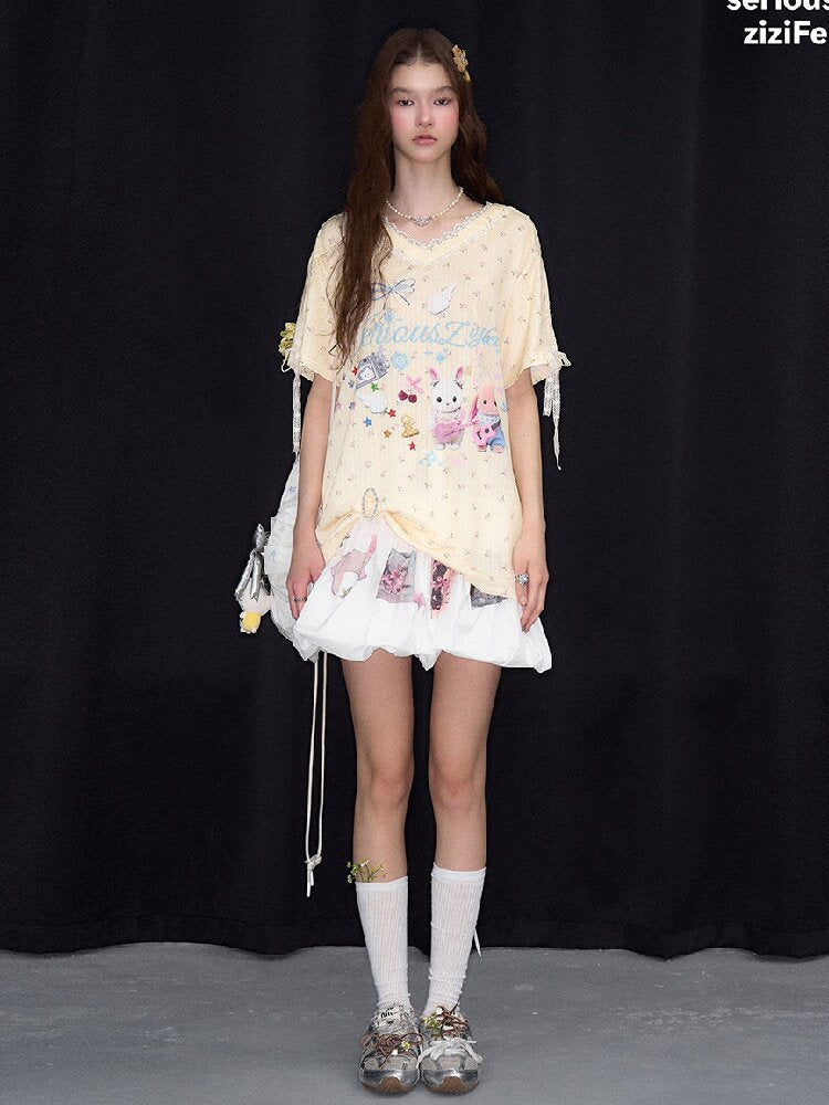 Childlike Cartoon Lace Floral T Shirt【s0000017156】