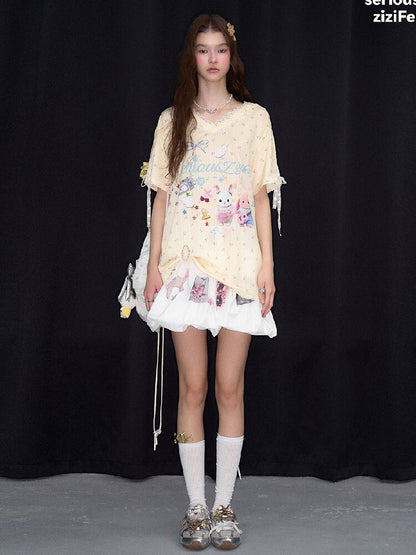 Childlike Cartoon Lace Floral T Shirt【s0000017156】