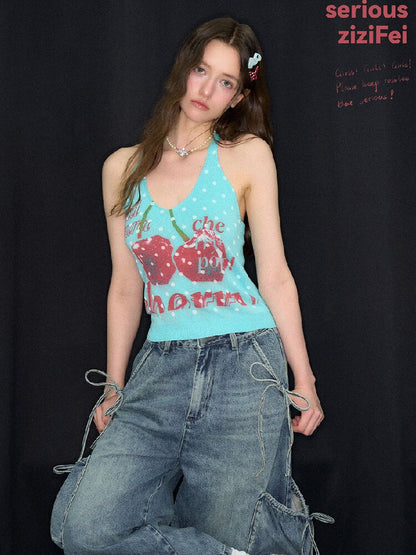 Wave Cherry Print Cropped Top Tank【s0000017305】