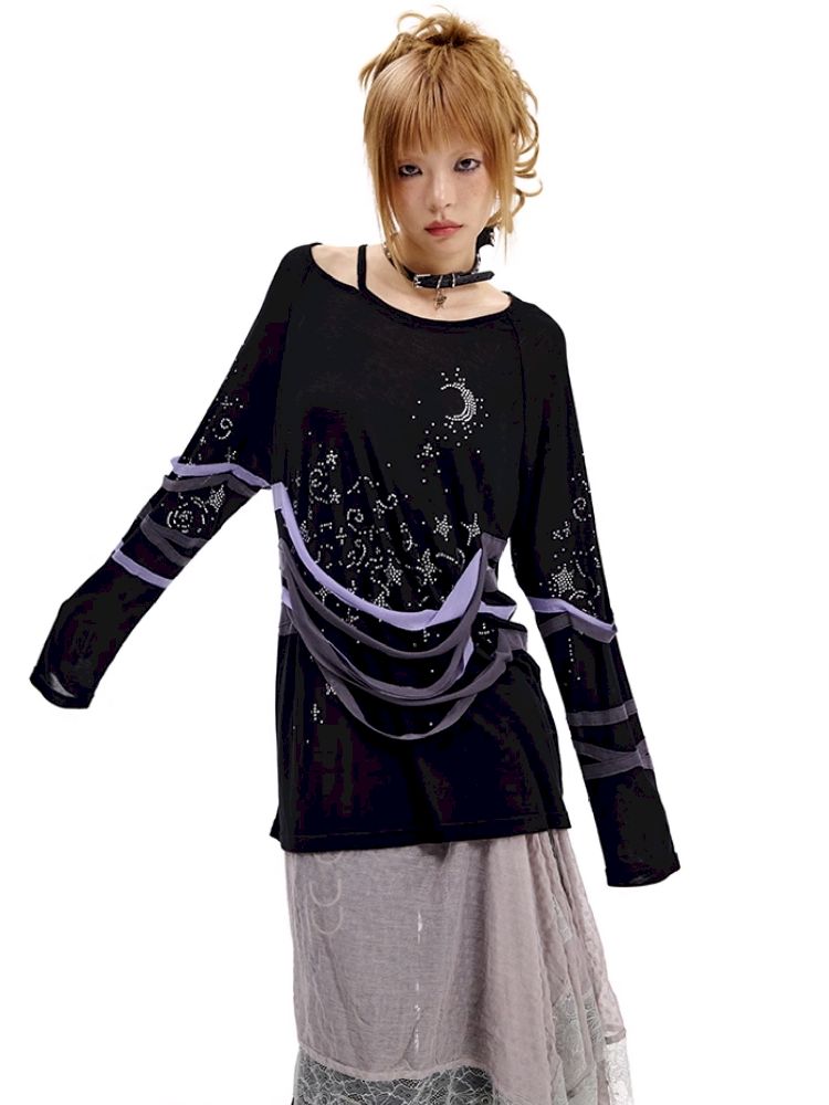 Starry Night Rhinestone Long Sleeve T-Shirt【s0000010505】