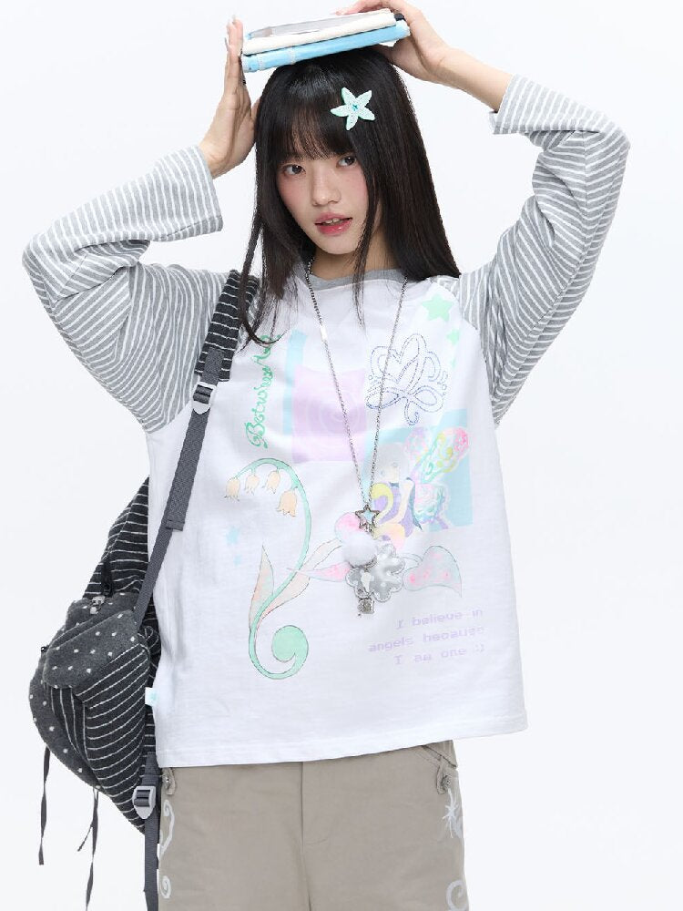 Loose Print Striped Raglan Top【s0000016378】
