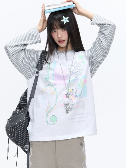 Loose Print Striped Raglan Top【s0000016378】