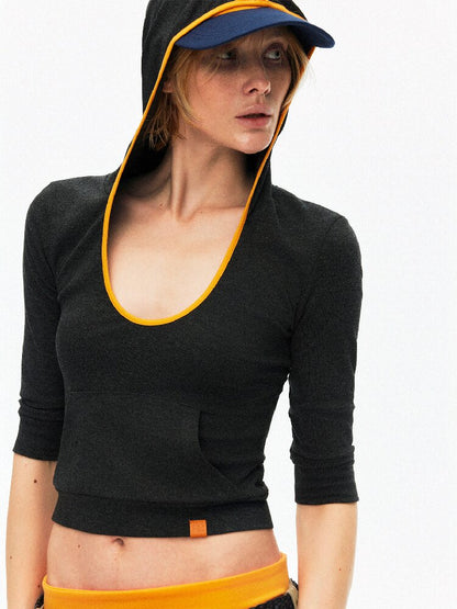 U-Neck Contrast Hooded Knit Top【s0000015918】