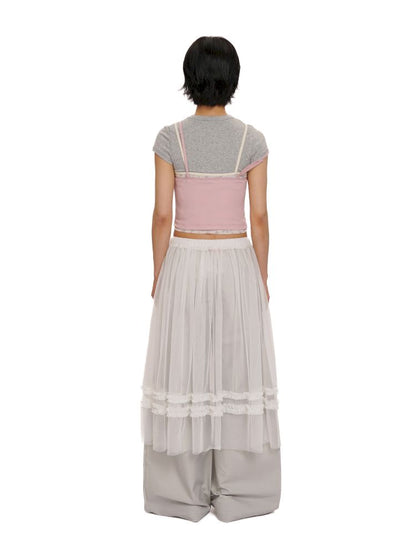 Lace satin bow short-sleeved T-shirt【s0000012504】
