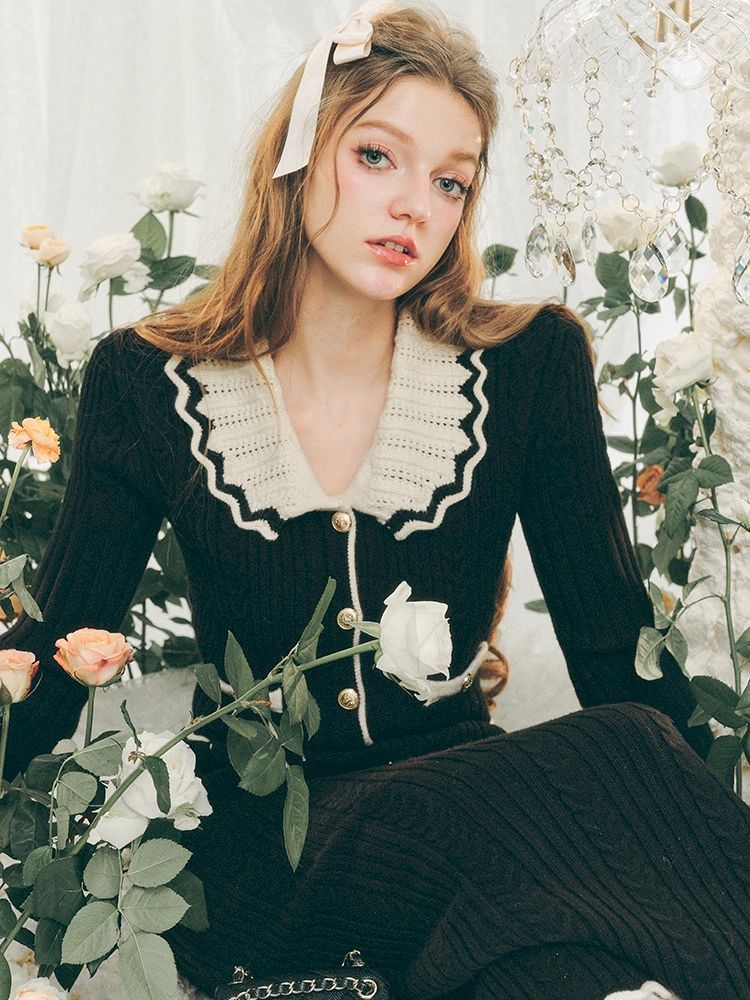 Knit Cardigan Wrap Hip Skirt Two Piece Chambray Set【s0000005286】