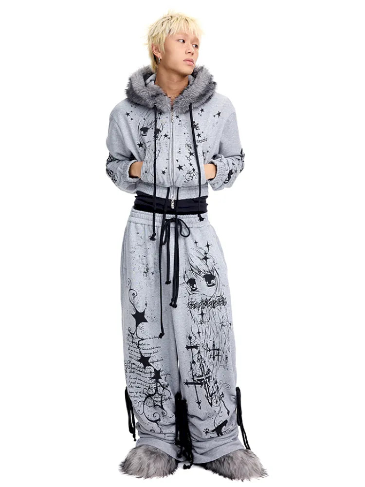 Doodle Print Puffy Drawstring Sweatpants【s0000014092】