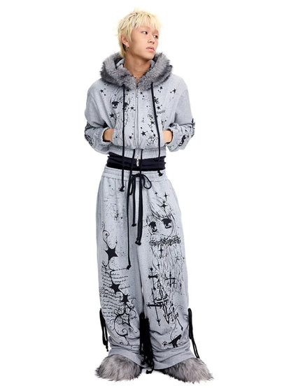 Doodle Print Puffy Drawstring Sweatpants【s0000014092】