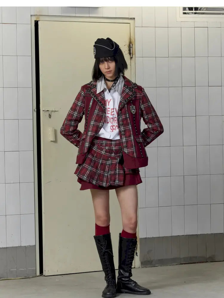 College Punk Badge Plaid Blazer【s0000014204】