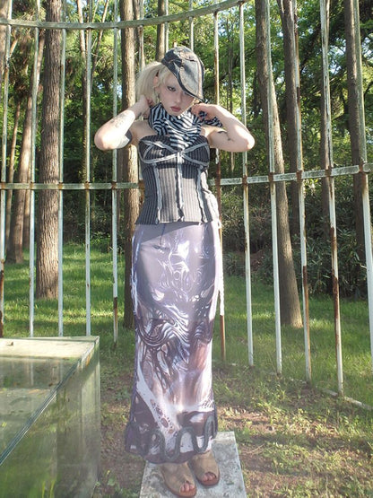 Printed Shaped Slit Mesh Half-body Dress【s0000012466】