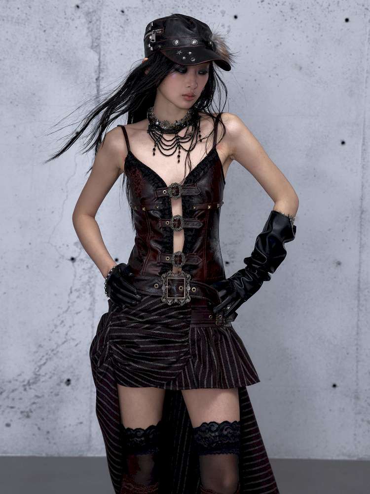 Dark Court Openwork Lace Leather Camisole【s0000014920】