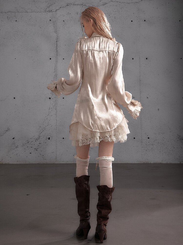 Ruffled Lace Satin Silk Shirt【s0000019157】
