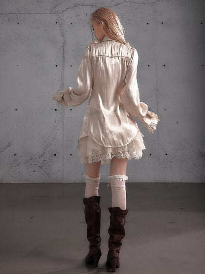 Ruffled Lace Satin Silk Shirt【s0000019157】