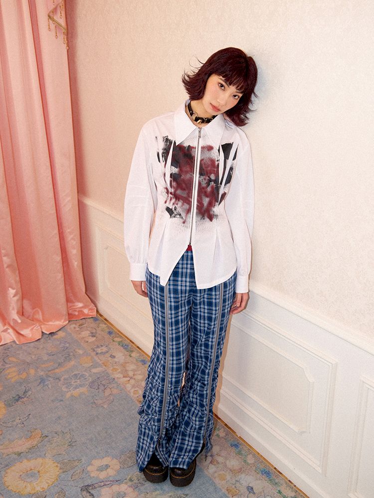 Drop Shoulder Waisted Printed Long Sleeve Shirt【s0000011641】