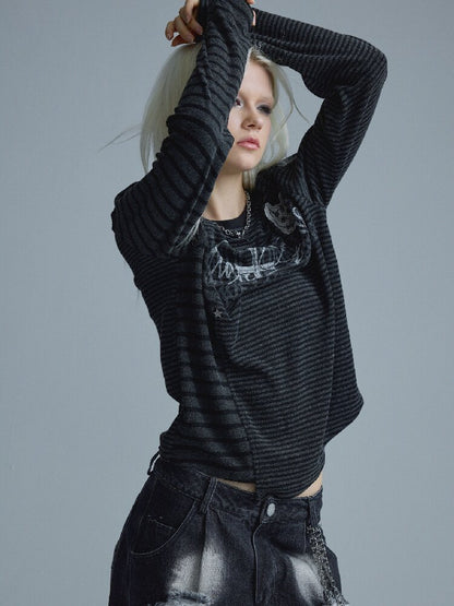 Black-Gray Striped Rivet Top【s0000018549】