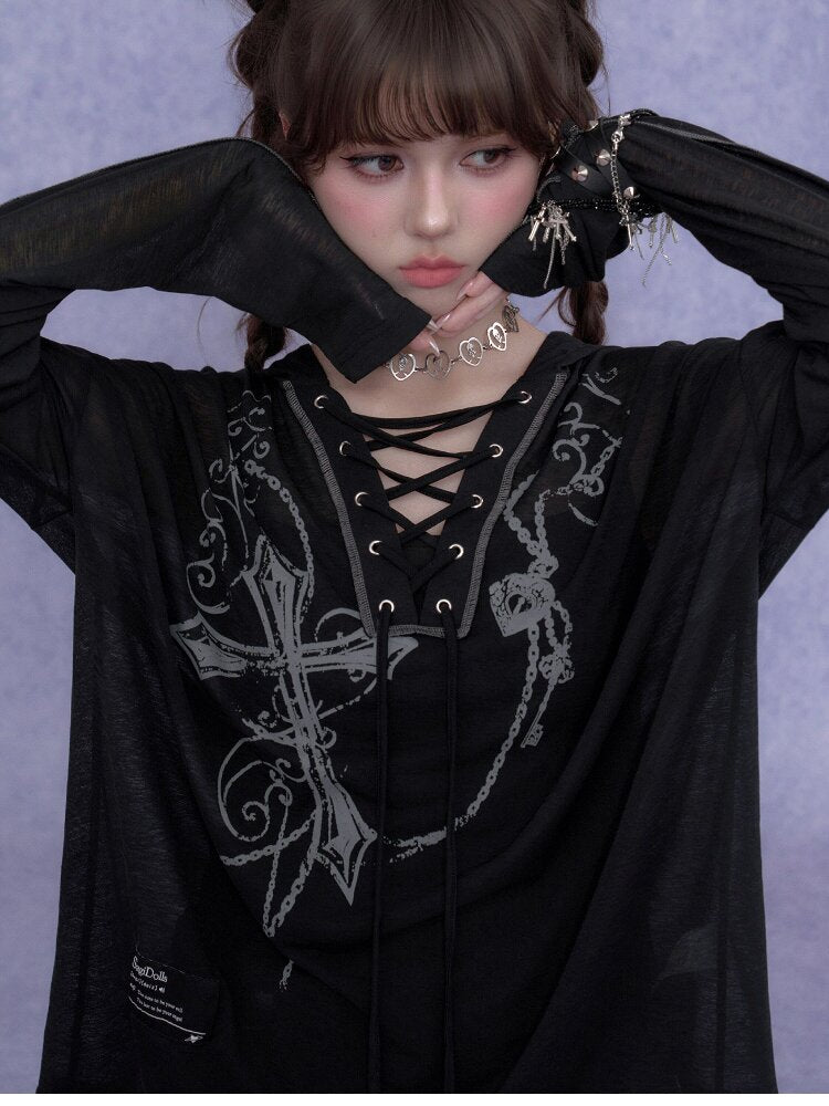 Dark Cross Print Strap Cardigan Hood【s0000017284】