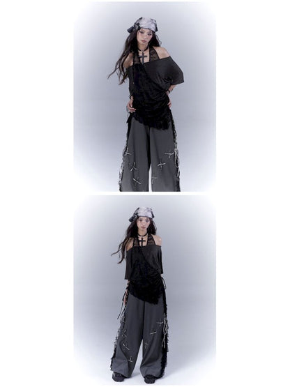 Lazy style rhinestone black T-shirt【s0000012844】