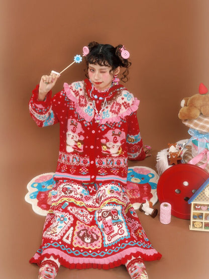 Red Jacquard Vintage Lace Skirt【s0000015590】