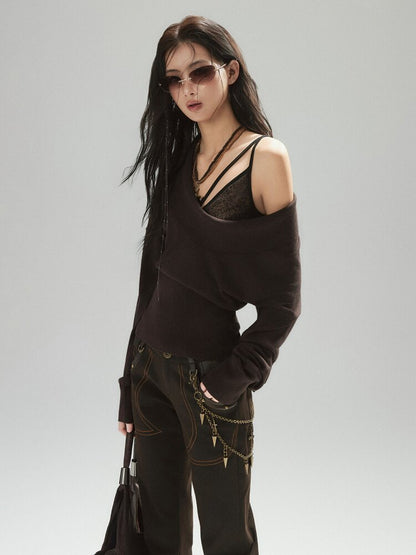 Coffee Low-Rise Leather Slacks【s0000015606】