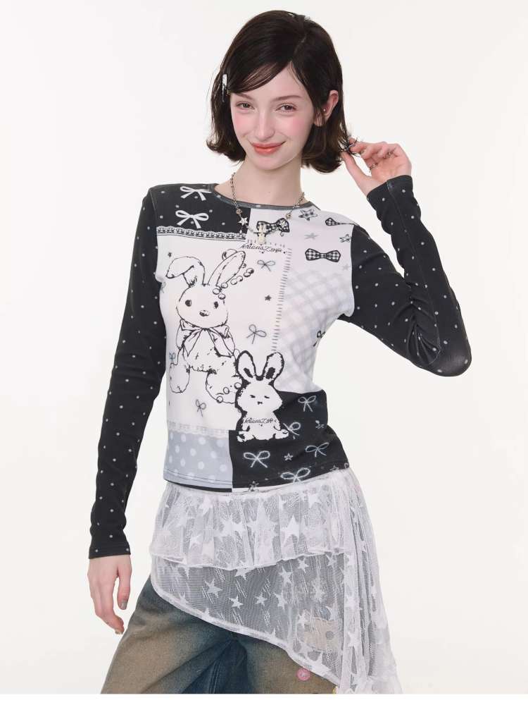 Rabbit Print Bow Contrast Top【s0000015433】