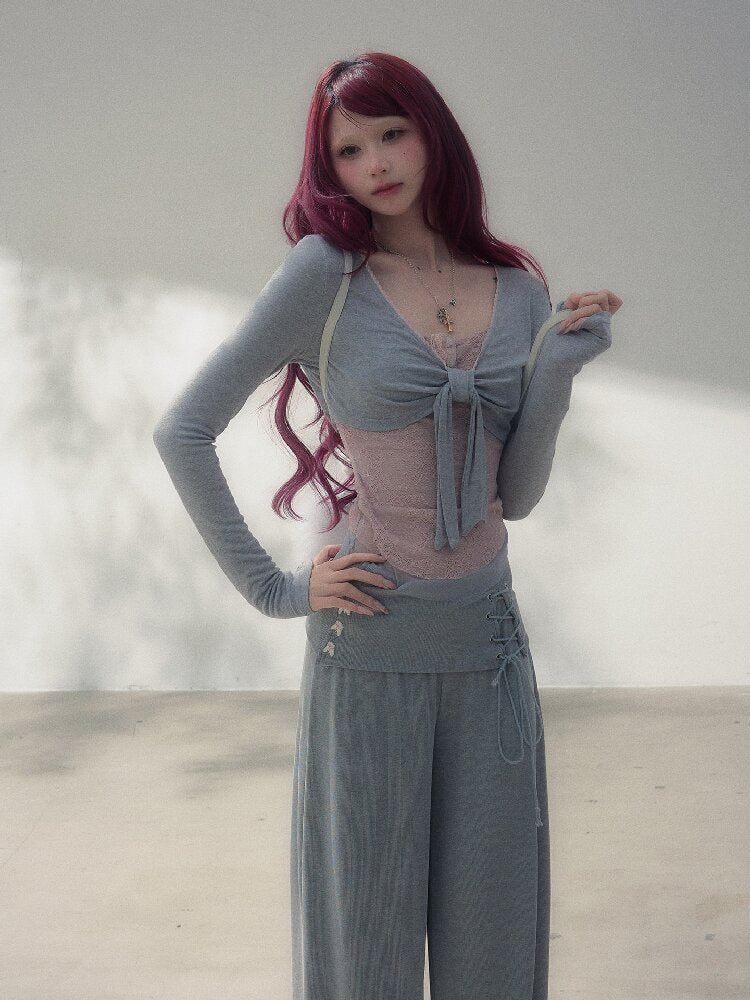 Gray Pink Patchwork Bow Strap Set【s0000019257】