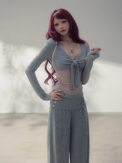 Gray Pink Patchwork Bow Strap Set【s0000019257】